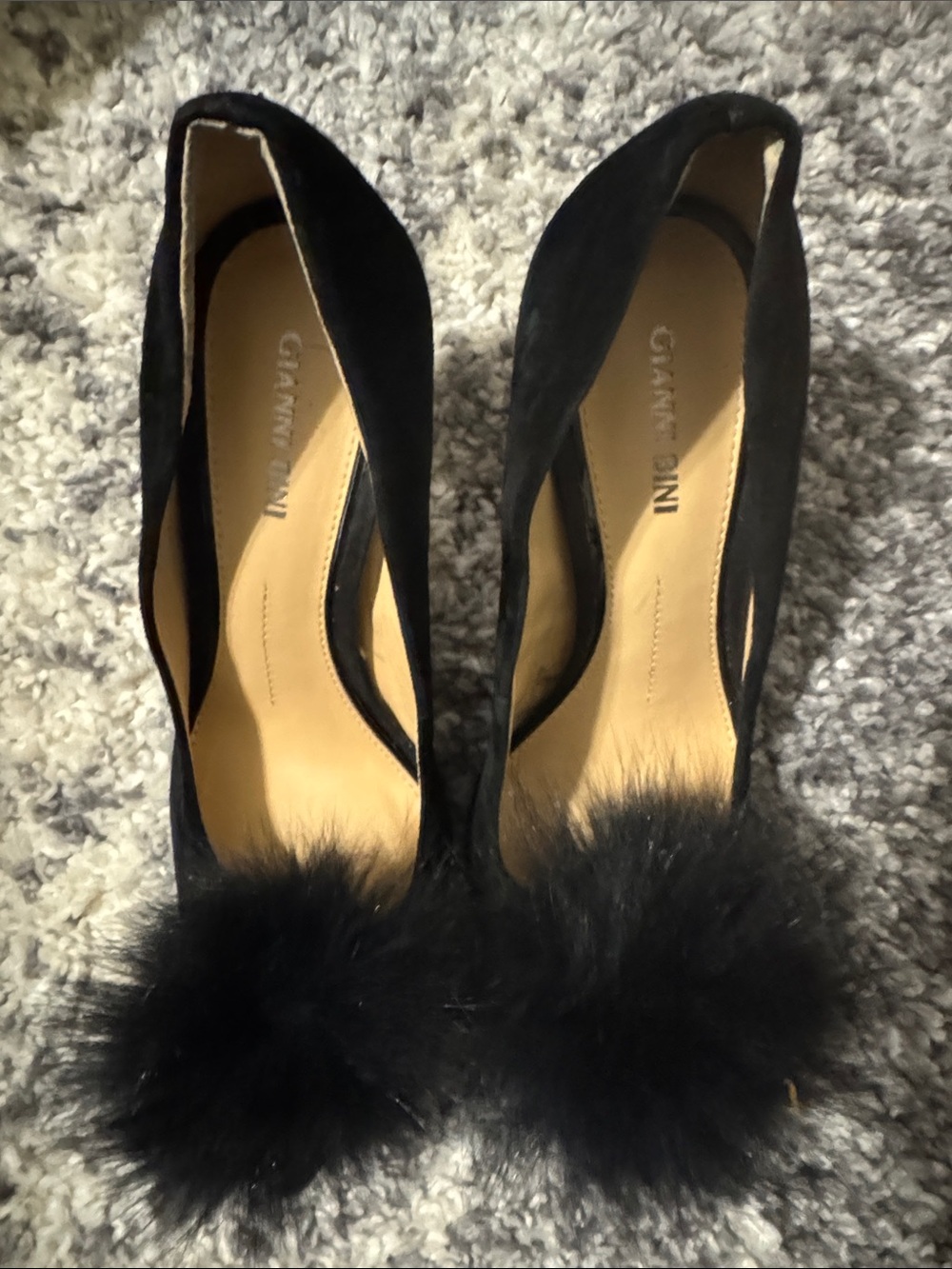 Gianni Bini Black Suede Pointed-Toe Pumps with Pom-Pom Detail